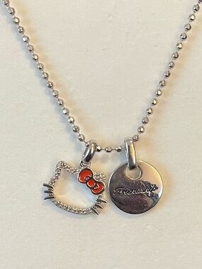 Hello Kitty Sterling Silver Necklace with Red Bow and engraved Friendship Disc